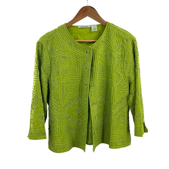 Joni B Lime Green Geometric Embroidered Jacket PM Trapeze Blazer Boxy - Picture 1 of 8